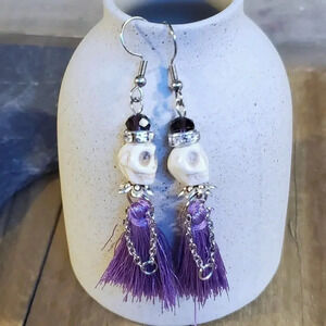 Boho Voodoo Skull Tassel Earrings - Purple & White Skull Charm Dangle Earrings